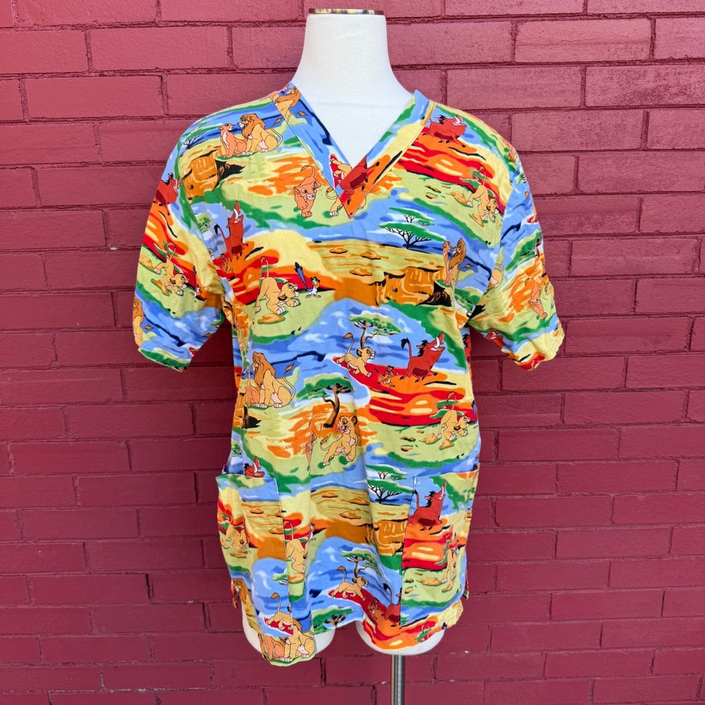 Vtg Disney The‎ Lion King Scrub Top Medium Colorful Cartoon Print Nurses Uniform